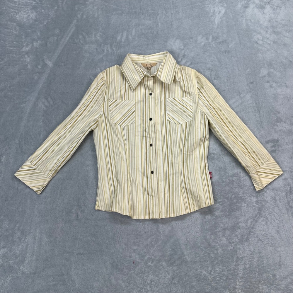 CI-PRES Womens Striped Button Down Shirt Cream Olive Green Size 38 NWT - Picture 3 of 6